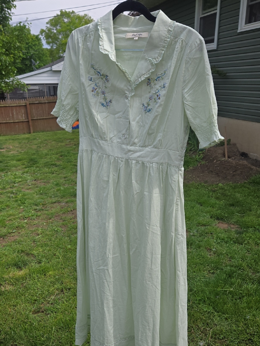 Simple Retro Mint Green Embroidered Cottagecore Midi Dress Small